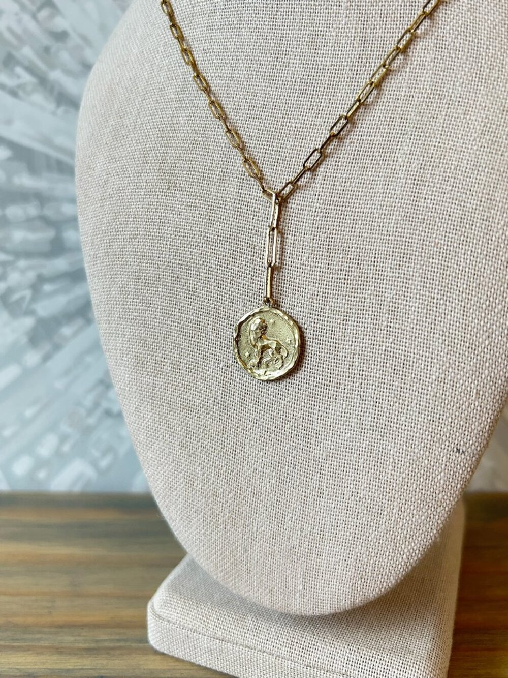 Anthropologie Gold Leo Zodiac Coin Necklace on Paperclip Chain - Preloved $38
